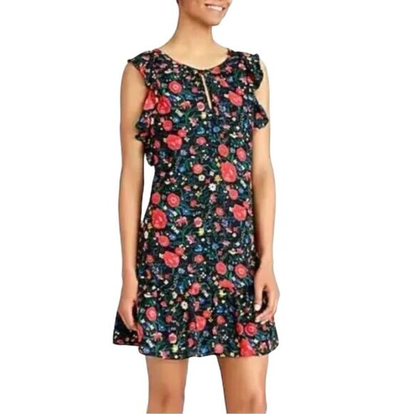 J. Crew Black Red Floral Flutter Sleeve Shift Dress Sz XS Romantic Feminine EUC - Picture 1 of 7
